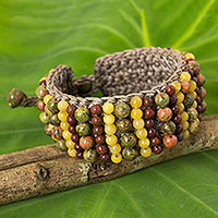 Unakite and jasper beaded bracelet, 'Ethnic Parallels' - Artisan Crafted Multi Gem Beaded Wristband Bracelet