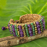 Unakite and amethyst beaded bracelet, 'Ethnic Parallels' - Crocheted Bracelet with Unakite, Amethyst and Quartz