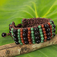 Carnelian and quartz beaded bracelet, 'Ethnic Parallels' - Carnelian and Onyx Handmade Boho Wristband Bracelet