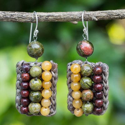 Unakite and jasper beaded earrings, 'Ethnic Parallels' - Crocheted Earrings with Unakite, Jasper and Quartz