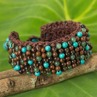 Multi-gem beaded bracelet, 'Brown Jazz Combo' - Quartz Jasper Calcite Hand Crocheted Wristband Bracelet