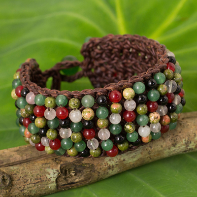 Multi-gem beaded bracelet, 'Jazz Combo' - Quartz Onyx Unakite Hand Crochet Wristband Bracelet