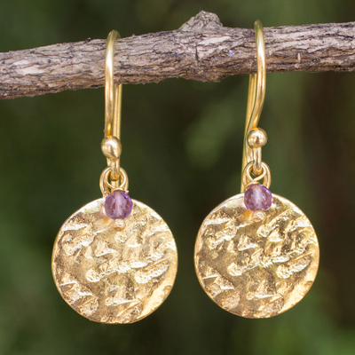 Gold plated amethyst dangle earrings, 'Purple Harvest Moon' - Artisan Crafted 24k Gold Plated Amethyst Earrings Thailand