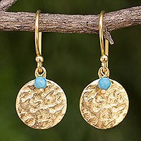 Gold plated dangle earrings, 'Aqua Harvest Moon'