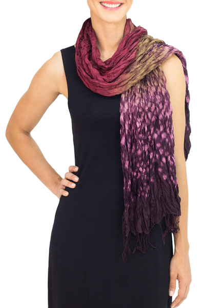 Hand Crafted Red-Purple Crinkled Scarf with Tie Dye Patterns
