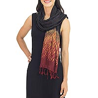 Fiery Tie-dye Silk Rayon Scarf Crafted by Hand in Thailand,'Black Red Kaleidoscopic'