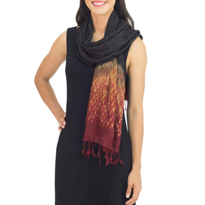Tie-dyed scarf, 'Black Red Kaleidoscopic' - Fiery Tie-dye Silk Rayon Scarf Crafted by Hand in Thailand
