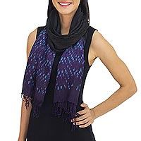 Tie-dyed scarf, 'Black Purple Kaleidoscopic' - Black Tie Dyed Pin Tuck Scarf with Purple and Blue