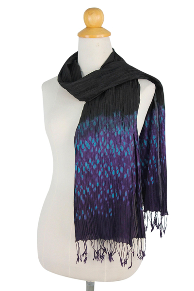 Tie-dyed scarf, 'Black Purple Kaleidoscopic' - Black Tie Dyed Pin Tuck Scarf with Purple and Blue