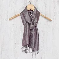 Rayon and silk blend scarf, 'Grey Purple Bouquet'