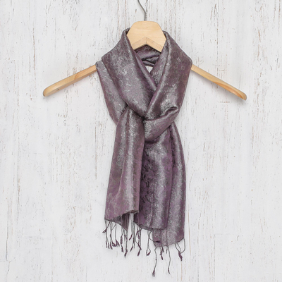 Rayon and silk blend scarf, 'Grey Purple Bouquet' - Two-tone Floral Pattern Hand Woven Scarf from Thailand