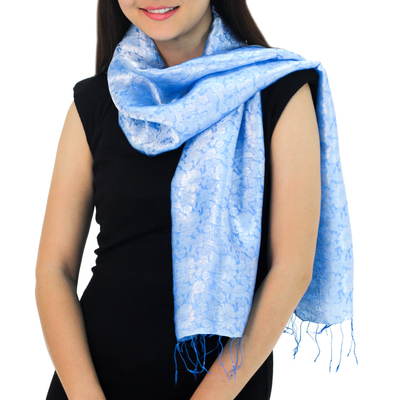 Rayon and silk blend scarf, 'Blue Bouquet' - Fair Trade Floral Blue Scarf from Thailand