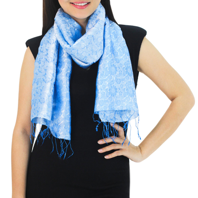 Rayon and silk blend scarf, 'Blue Bouquet' - Fair Trade Floral Blue Scarf from Thailand