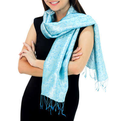 Rayon and silk blend scarf, 'Aqua Bouquet' - Aqua Floral Pattern Scarf from Thailand