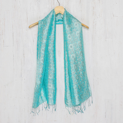 Schal aus Rayon und Seide, 'Aqua Bouquet' - Aquablauer Schal mit blumigen Mustern aus Thailand