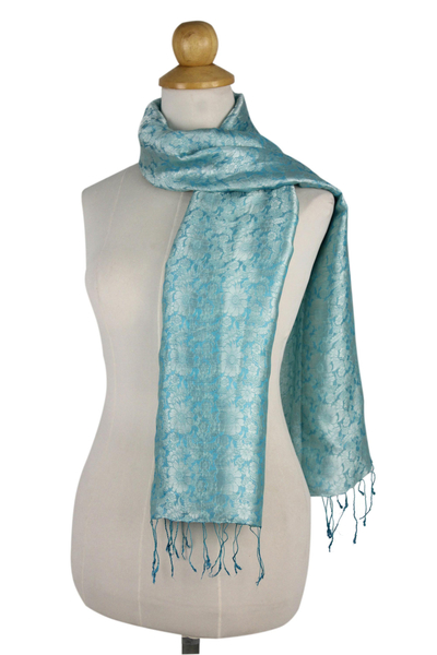 Rayon and silk blend scarf, 'Aqua Bouquet' - Aqua Floral Pattern Scarf from Thailand