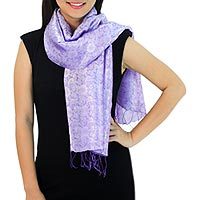 Rayon and silk blend scarf, 'Lilac Bouquet' - Lilac Flowers on Woven Thai Scarf