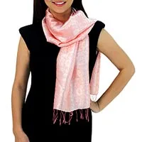 Rayon and silk blend scarf, 'Peach Bouquet'