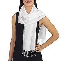 Rayon and silk blend scarf, 'Ivory Bouquet'