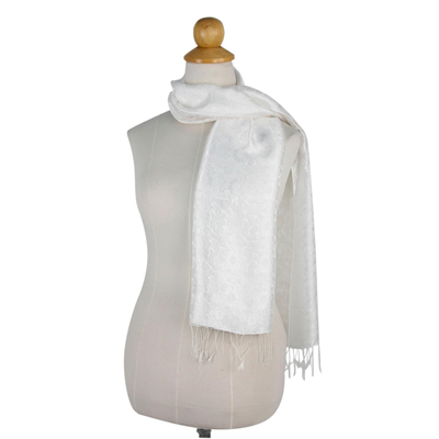 Rayon and silk blend scarf, 'Ivory Bouquet' - Floral Ivory Rayon Blend Scarf from Thailand