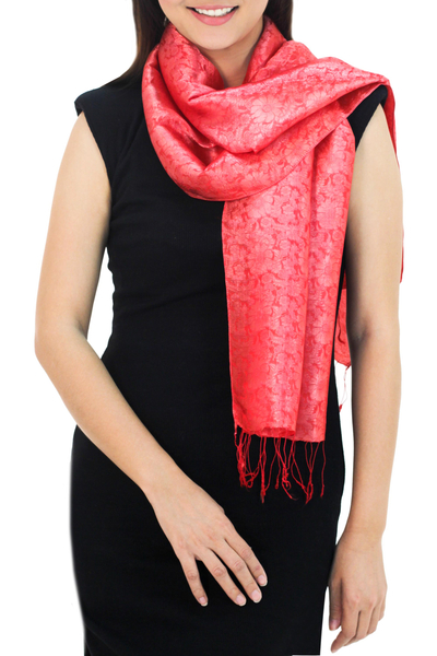 Rayon and silk blend scarf, 'Crimson Bouquet' - Red Floral Rayon and Silk Thai Scarf