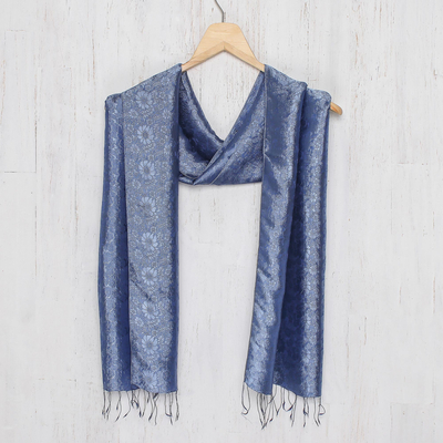 Rayon and silk blend scarf, 'Navy Blue Bouquet' - Dark Blue Woven Floral Scarf from Thailand