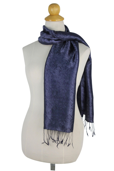 Rayon and silk blend scarf, 'Navy Blue Bouquet' - Dark Blue Woven Floral Scarf from Thailand