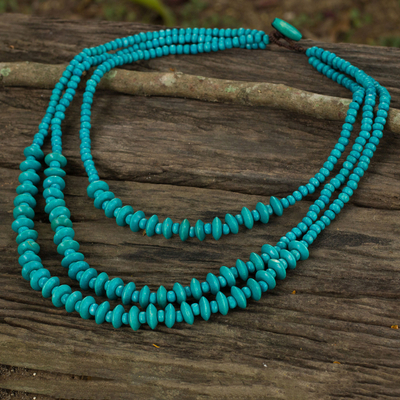 Wood beaded necklace, 'Happy Blue' - Blue Beaded Wood Waterfall Necklace Artisan Crafted Jewelry