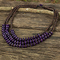 Wood beaded necklace, 'Happy Purple Brown' - Artisan Crafted Purple Wood Beaded Waterfall Necklace