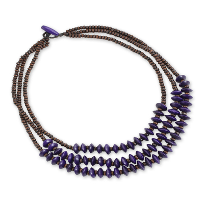 Collar con cuentas de madera, 'Happy Purple Brown' - Collar artesanal de cascada con cuentas de madera púrpura