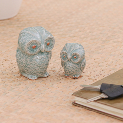Celadon ceramic figurines, Little Light Blue Owls (pair)