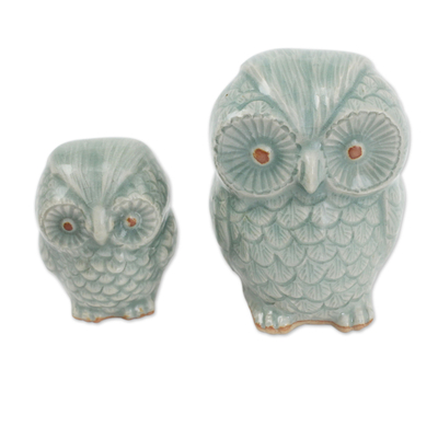 Celadon ceramic figurines, 'Little Light Blue Owls' (pair) - Hand Made Celadon Ceramic Owl Figurines from Thailand (Pair)