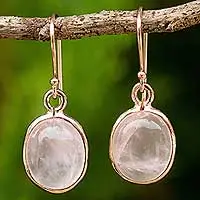 Rose gold plated rose quartz dangle earrings, Morning Rose