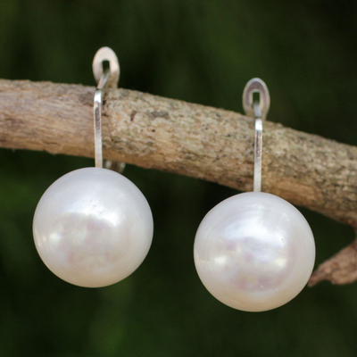 Cultured pearl drop earrings, 'Pale Moon' - Fair Trade Cultured Freshwater Pearl Drop Earrings