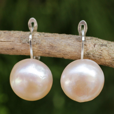 Cultured pearl drop earrings, 'Rosy Moon' - Peach-Hued Cultured Pearl and 925 Silver Drop Earrings