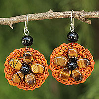 Tiger's eye flower earrings, 'Blossoming Rhyme' - Hand Crocheted Orange Earrings with Tiger's Eye Flowers