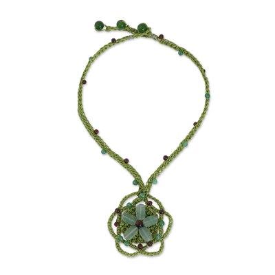 Fair Trade Flower Necklace with Green Quartz and Tiger