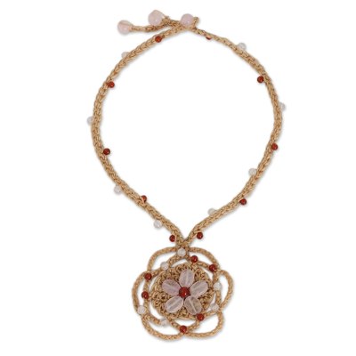 Beige Cord Necklace with Rose Quartz Flower Pendant