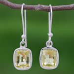 Lemon quartz dangle earrings, 'Autumn Sunshine' - Princess Cut 12 Ct Lemon Quartz and Silver Dangle Earrings