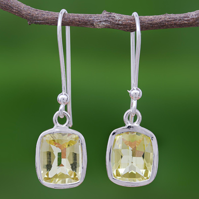 Lemon quartz dangle earrings, 'Autumn Sunshine' - Princess Cut 12 Ct Lemon Quartz and Silver Dangle Earrings