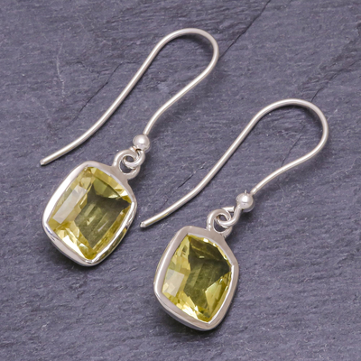 Lemon quartz dangle earrings, 'Autumn Sunshine' - Princess Cut 12 Ct Lemon Quartz and Silver Dangle Earrings