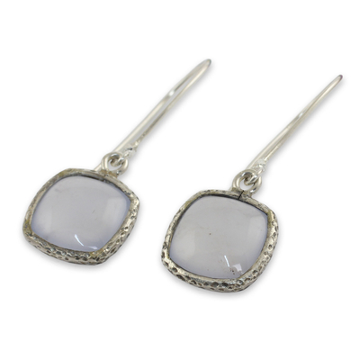 Chalcedony dangle earrings, 'Winter Sky' - Pale Blue Chalcedony Earrings with Hammered Sterling Silver