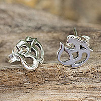 Sterling silver stud earrings, 'Om Symbol'