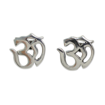 Polished Silver Om Symbol Stud Earrings from Thai Artisan