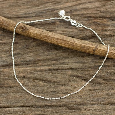 Sterling silver anklet, 'Simple Happiness' - Beaded Chain Anklet with Bell in Sterling 925 Silver