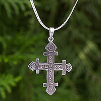 Sterling silver cross pendant necklace, 'The Cross' - Artisan Crafted Silver Cross Pendant on Curb Link Chain