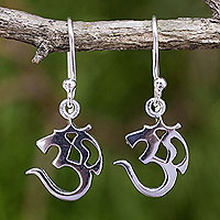 Sterling silver dangle earrings, 'Spirit Om' - Small Sterling Silver Dangle Earrings with Om Symbol