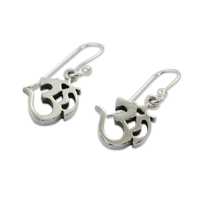 Sterling silver dangle earrings, 'Spirit Om' - Small Sterling Silver Dangle Earrings with Om Symbol