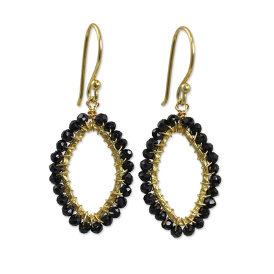Gold plated onyx dangle earrings, 'Black Treasure' - Hammered Gold Plated Earrings with Faceted Onyx Beads