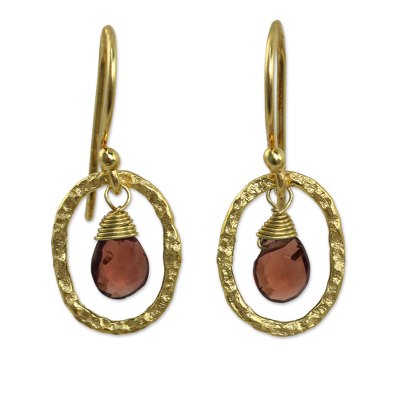 Gold plated garnet dangle earrings, 'Crimson Portal' - Fair Trade Garnet Earrings with 24k Gold Plated Brass